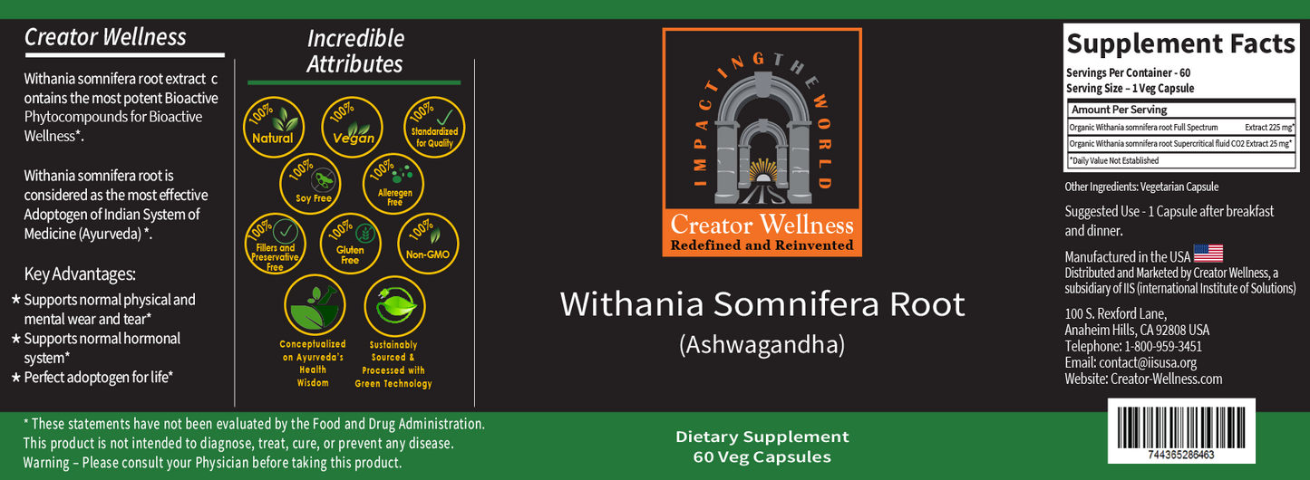 Ashwagandha - Withania Somnifera Root | 225mg Root Extract | 60 Capsules