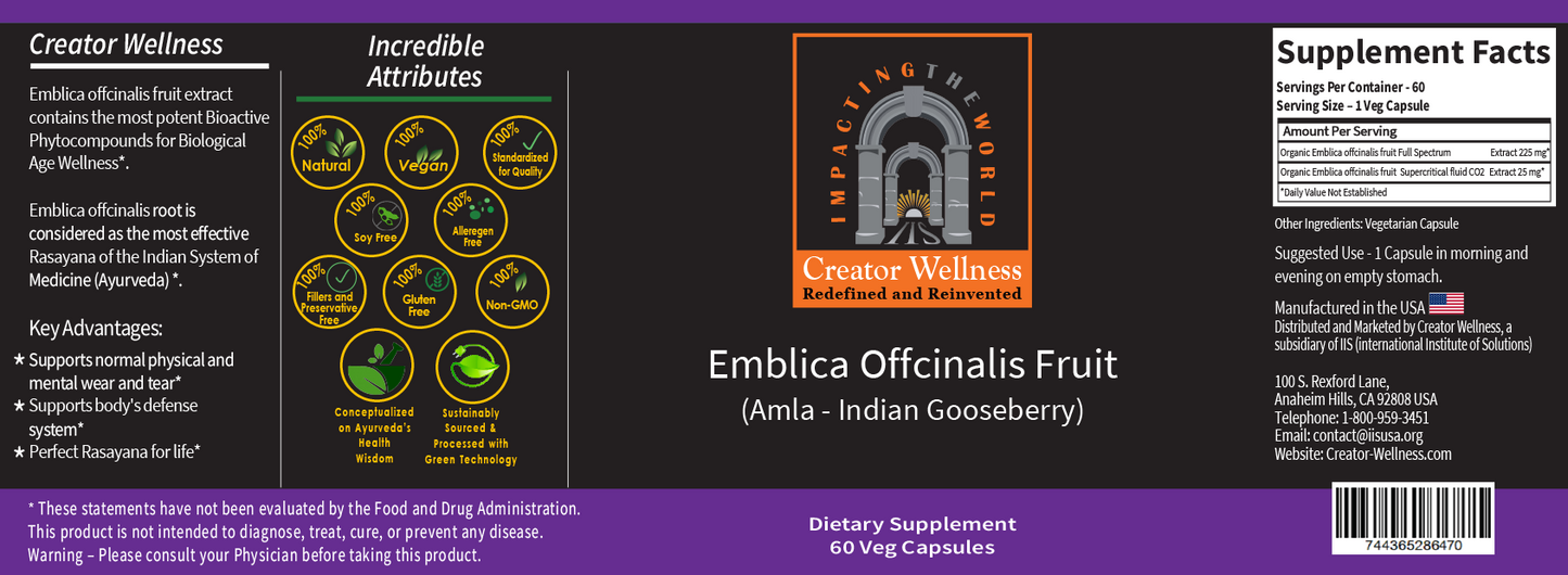 Amla - Indian Gooseberry | 225mg Fruit Extract | Emblica Officinalis Fruit | 60 Capsules
