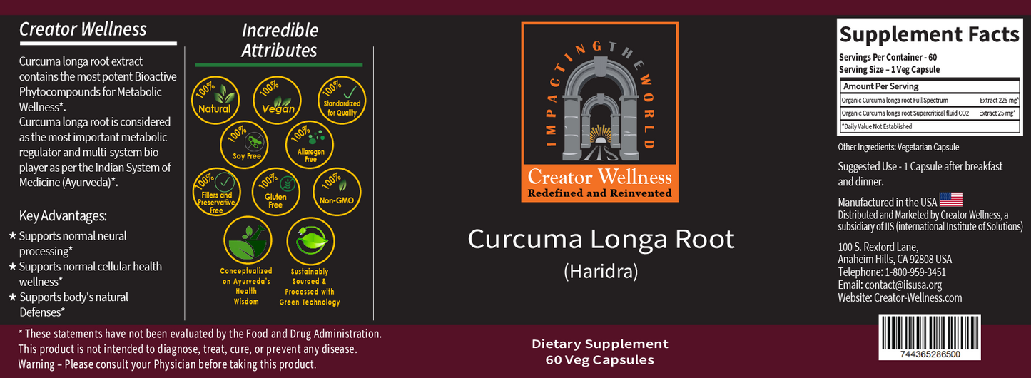 Turmeric | 225mg Root Extract | Curcuma Longa Root | 60 Veg Capsules