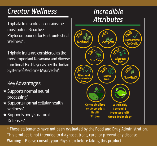 Three Myrobalan - Triphala | 225mg Extract | Healthy Gut and Immune System | 60 Capsules