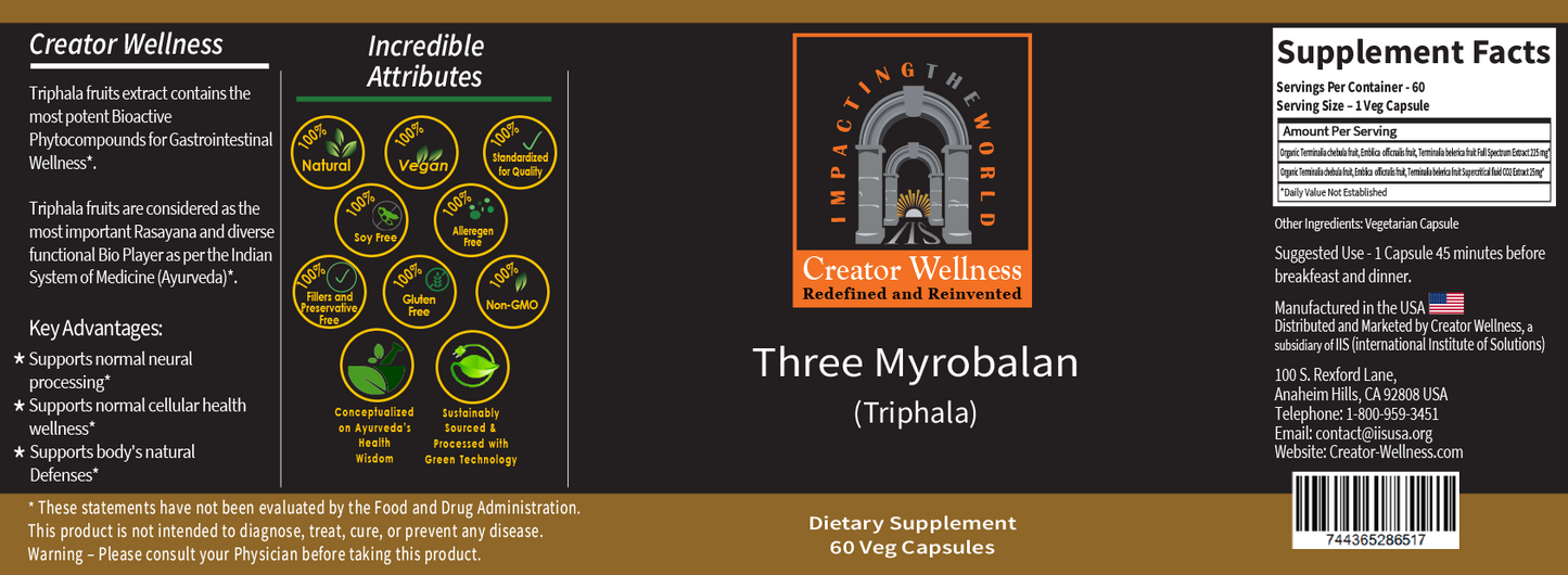 Three Myrobalan - Triphala | 225mg Extract | Healthy Gut and Immune System | 60 Capsules