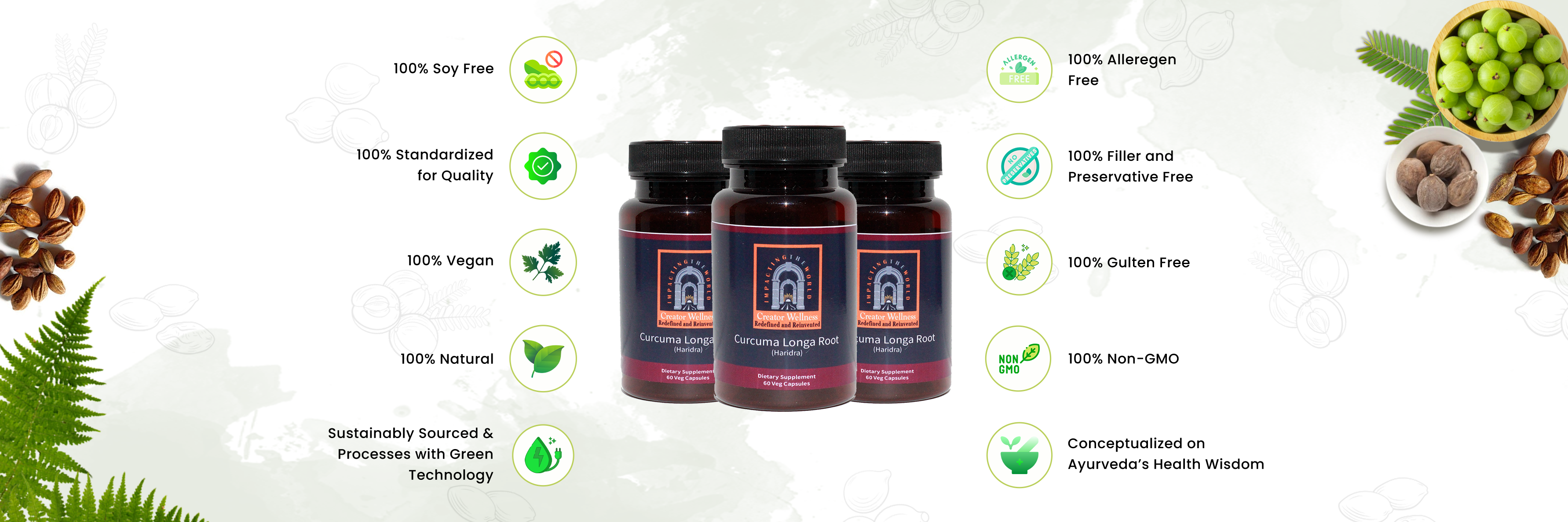 Curcuma Longa Root supplements with health benefits highlighted: soy-free, vegan, non-GMO, and allergen-free. Surrounded by natural elements like herbs, nuts, and ferns, emphasizing sustainable sourcing and Ayurvedic health wisdom on a clean, minimal background.