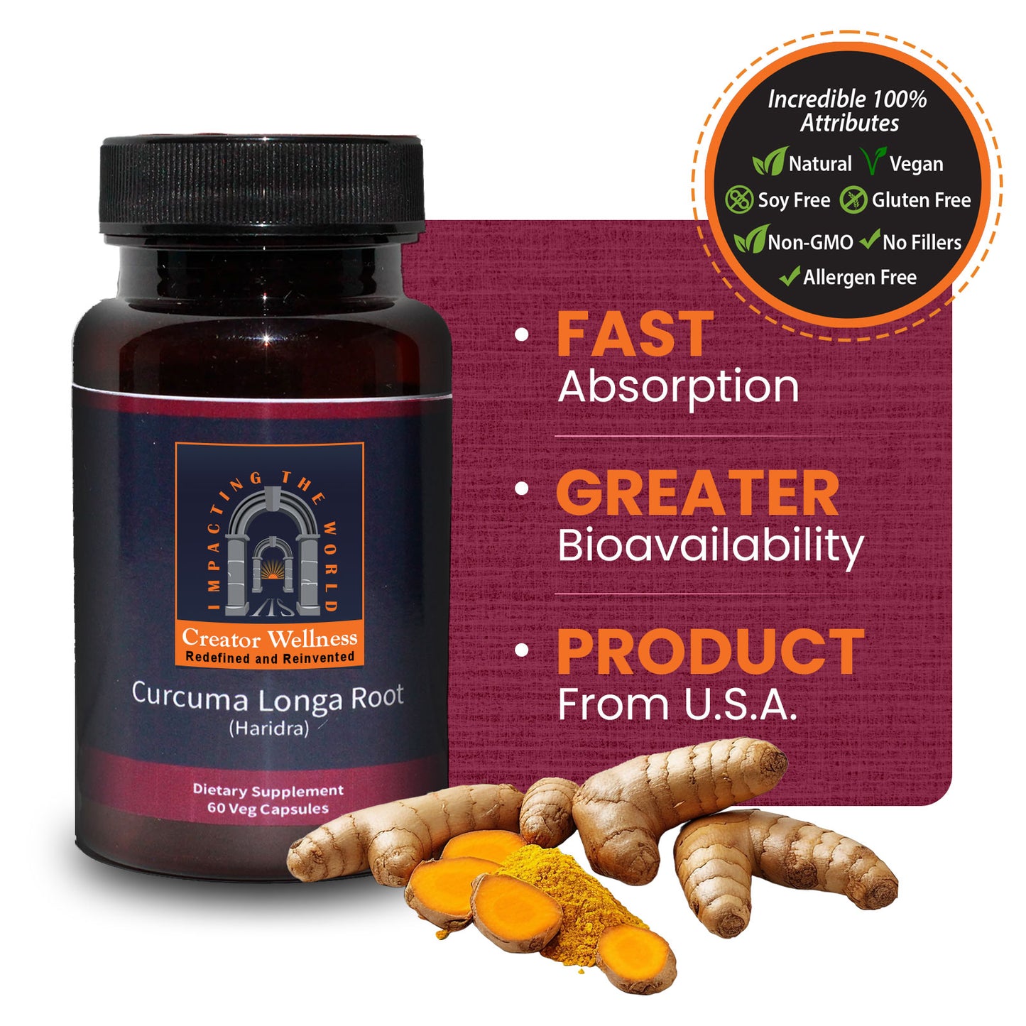 Turmeric | 225mg Root Extract | Curcuma Longa Root | 60 Veg Capsules
