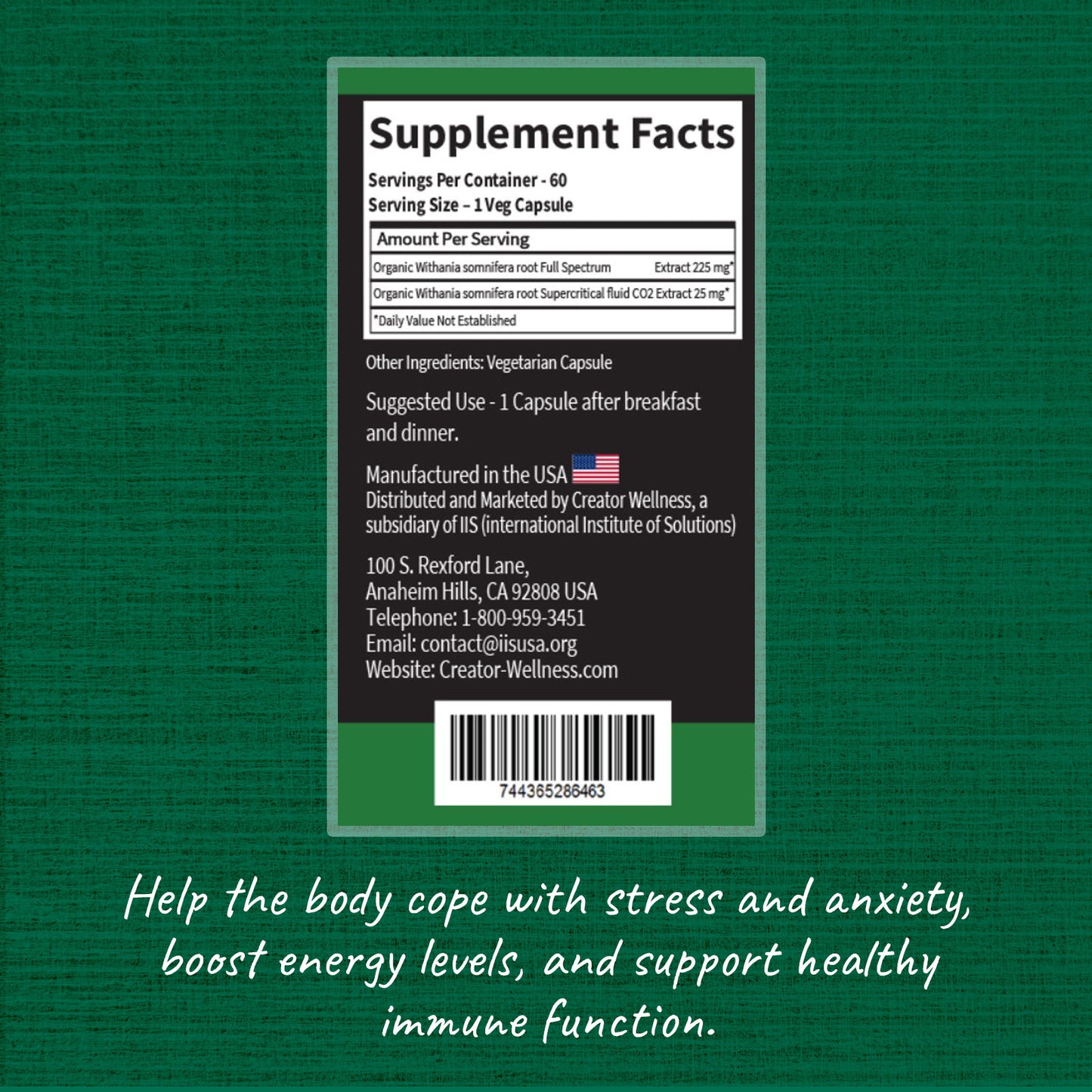 Ashwagandha - Withania Somnifera Root | 225mg Root Extract | 60 Capsules