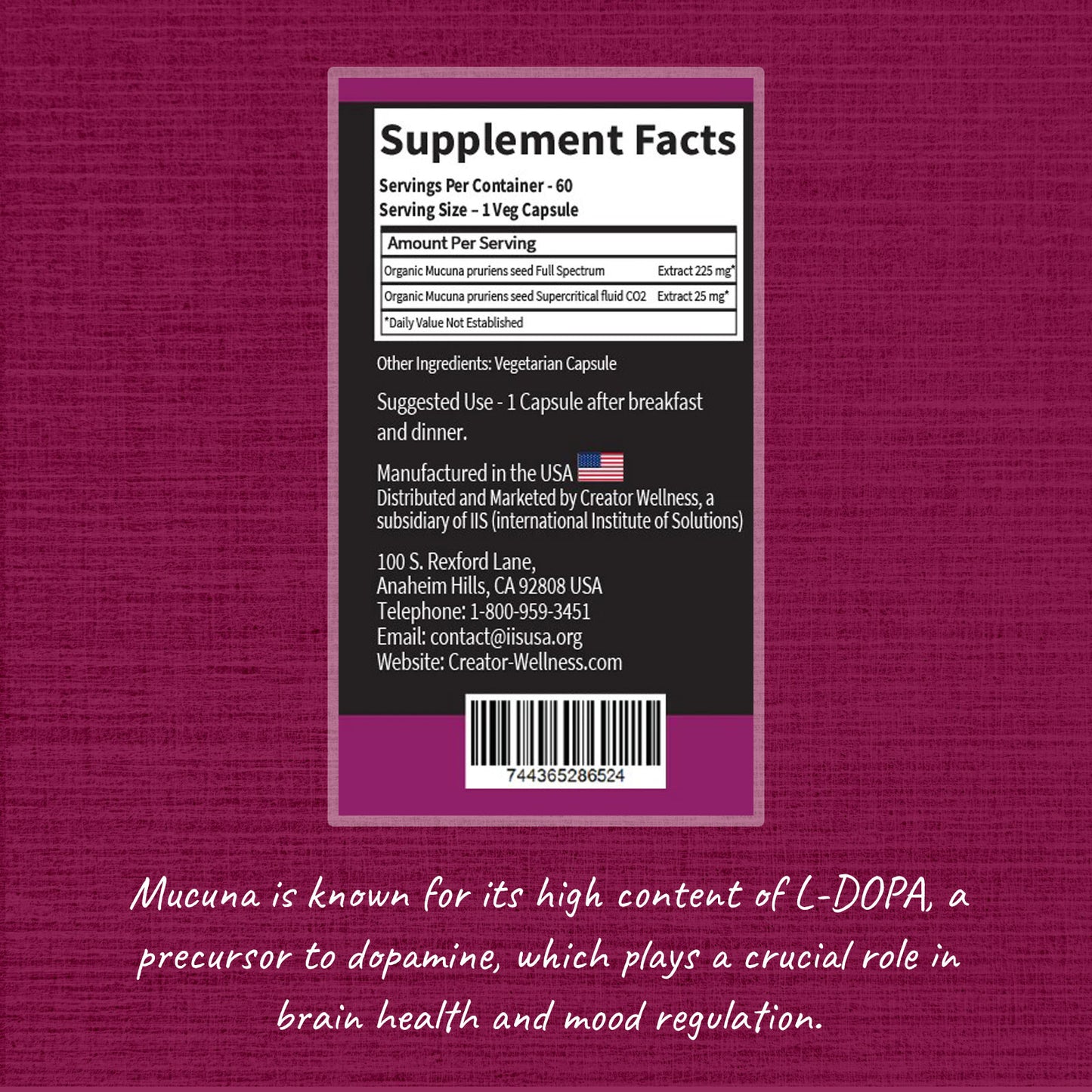 Mucuna Pruriens Seed - Kapikacchu | 225mg Extract | Brain Health Support | 60 Capsules