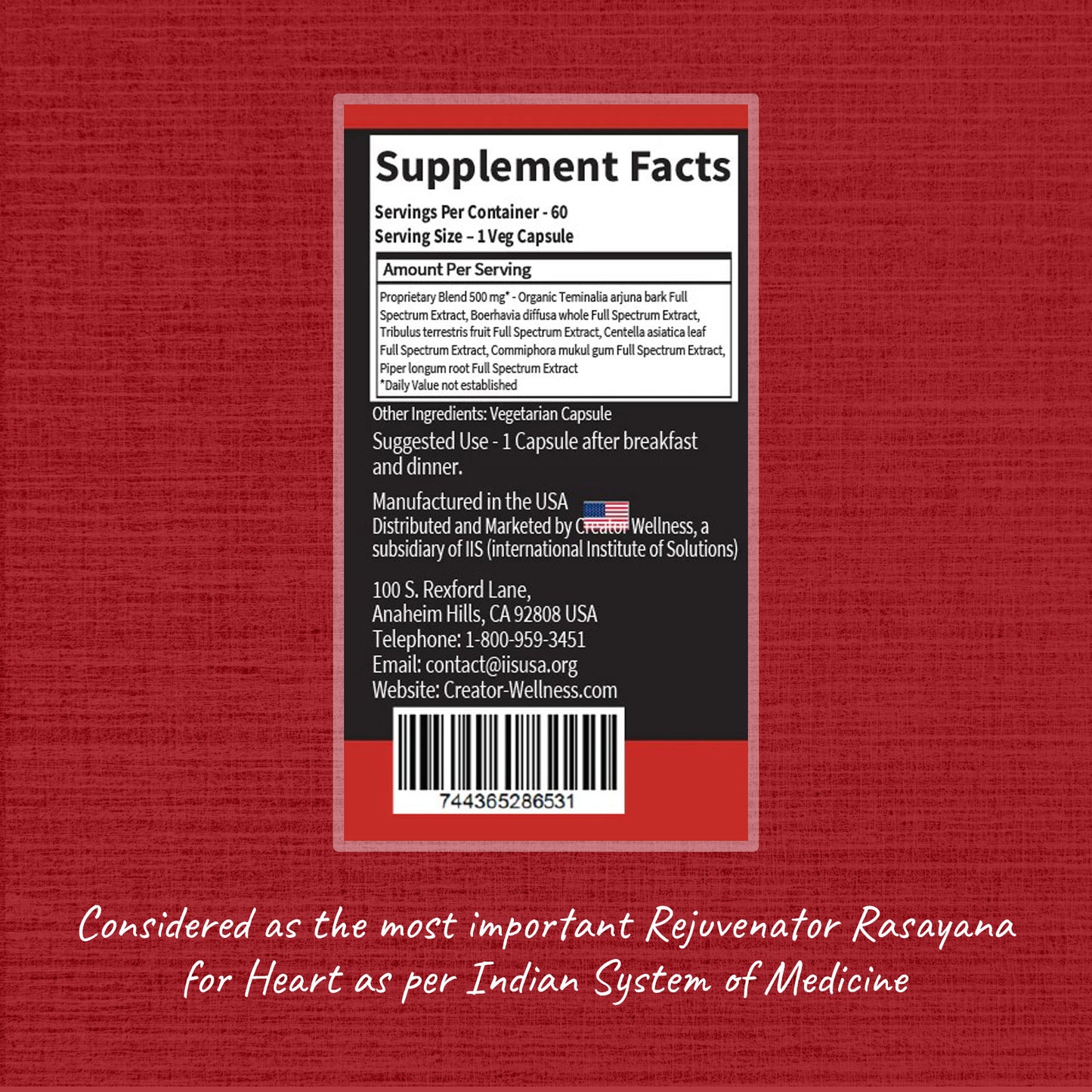 Cardio Aid Supplement Facts – Herbal Formula with Arjuna, Tribulus, Piper Longum, 500mg Blend, Made in USA by Creator Wellness