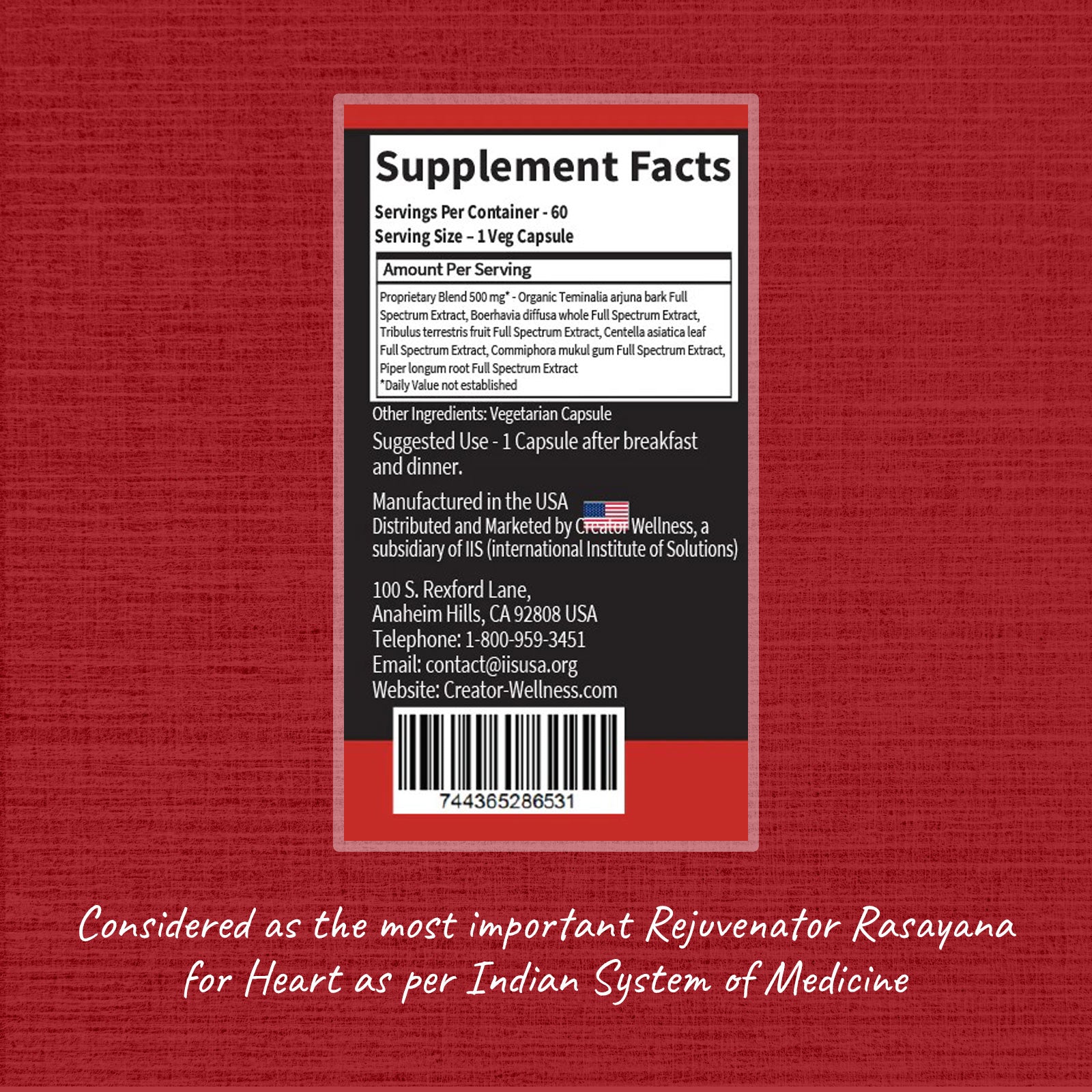 Cardio Aid Supplement Facts – Herbal Formula with Arjuna, Tribulus, Piper Longum, 500mg Blend, Made in USA by Creator Wellness