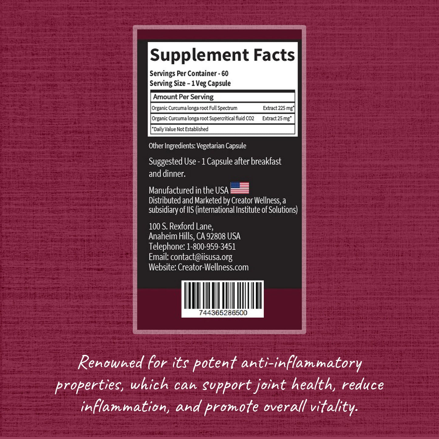 Turmeric | 225mg Root Extract | Curcuma Longa Root | 60 Veg Capsules