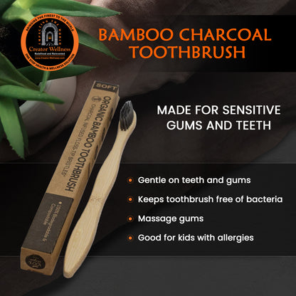 Bamboo Charcoal Toothbrush | 4 Pack | Extra Soft Natural Charcoal Infused Floss-Tip Bristles | Organic, Natural, Sustainably Grown Wood Toothbrushes