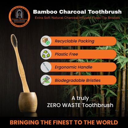 Bamboo Charcoal Toothbrush | 4 Pack | Extra Soft Natural Charcoal Infused Floss-Tip Bristles | Organic, Natural, Sustainably Grown Wood Toothbrushes